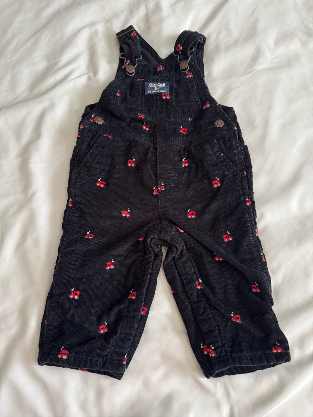 OshKosh B'gosh Black Corduroy Overalls with Red Train Embroidery